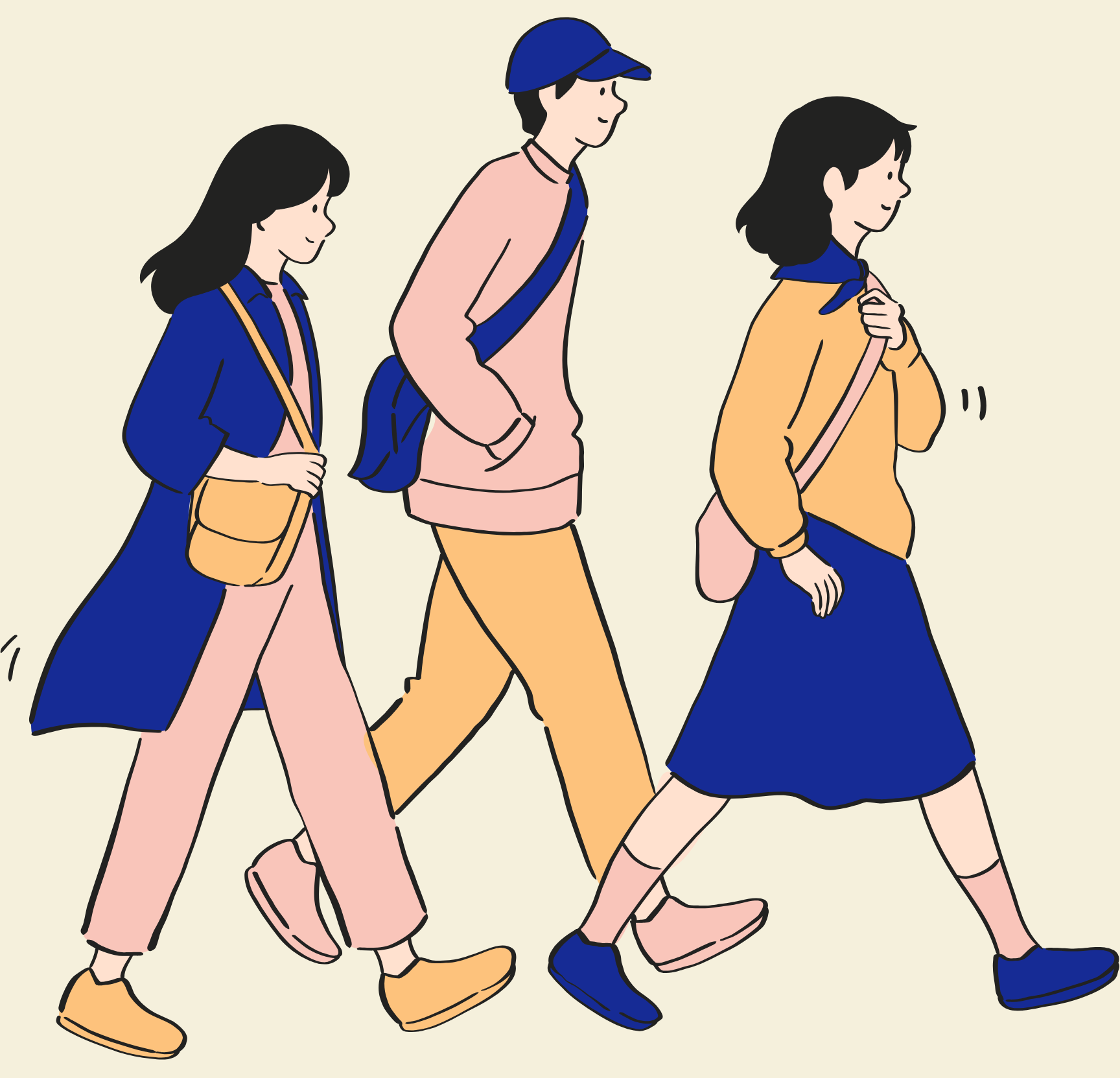 Three friends walking together